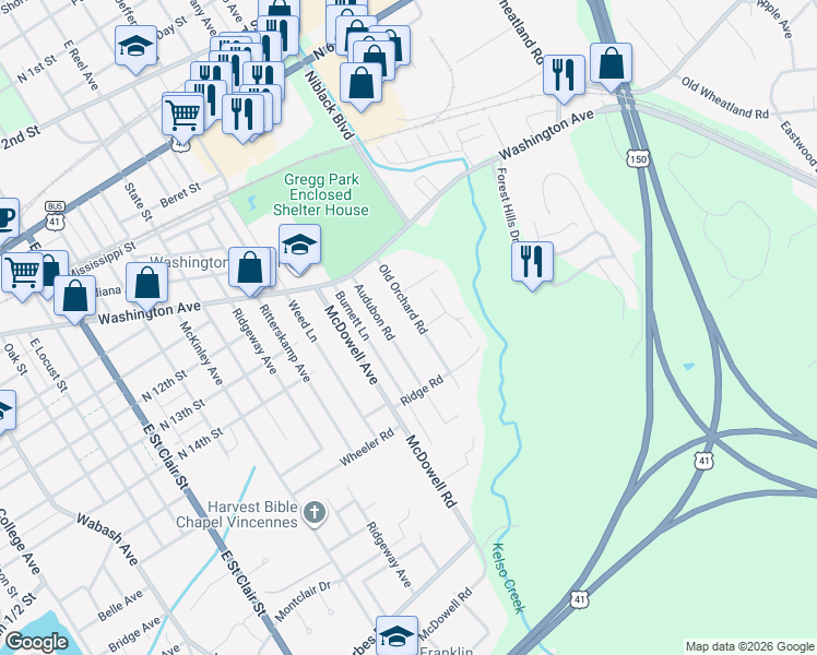 map of restaurants, bars, coffee shops, grocery stores, and more near 1411 Old Orchard Road in Vincennes
