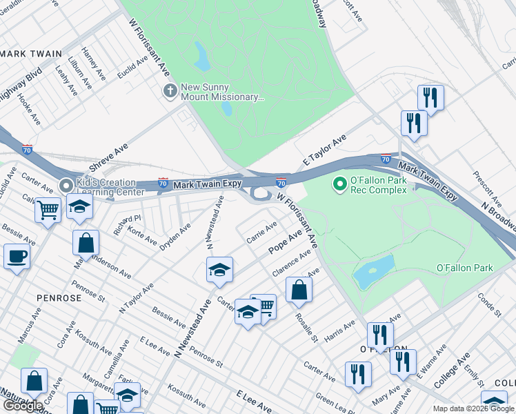 map of restaurants, bars, coffee shops, grocery stores, and more near 4651 Moraine Avenue in St. Louis