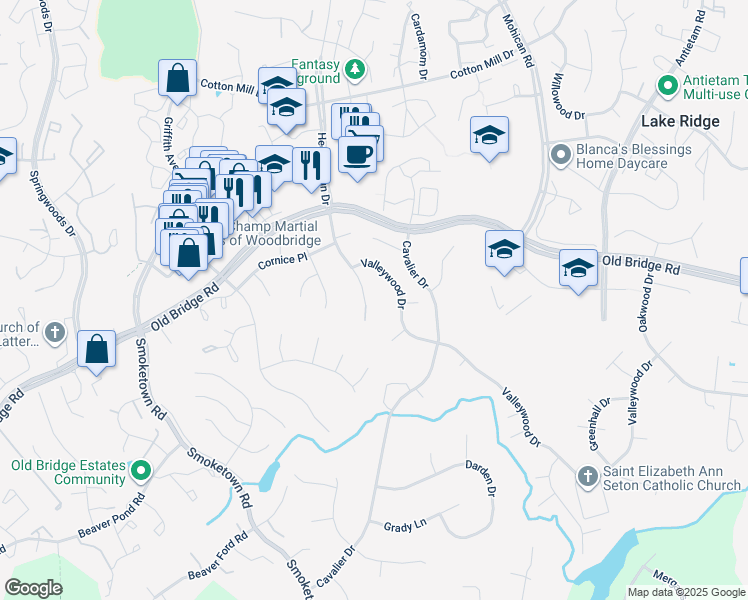 map of restaurants, bars, coffee shops, grocery stores, and more near 12517 Hedges Run Drive in Woodbridge