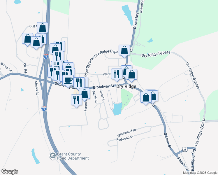 map of restaurants, bars, coffee shops, grocery stores, and more near 25 Broadway Street in Dry Ridge