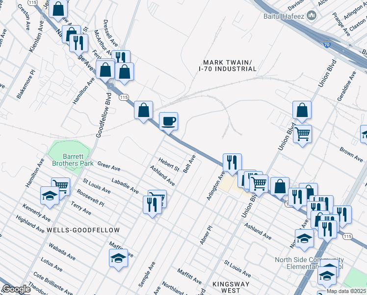 map of restaurants, bars, coffee shops, grocery stores, and more near 5524 Natural Bridge Avenue in St. Louis