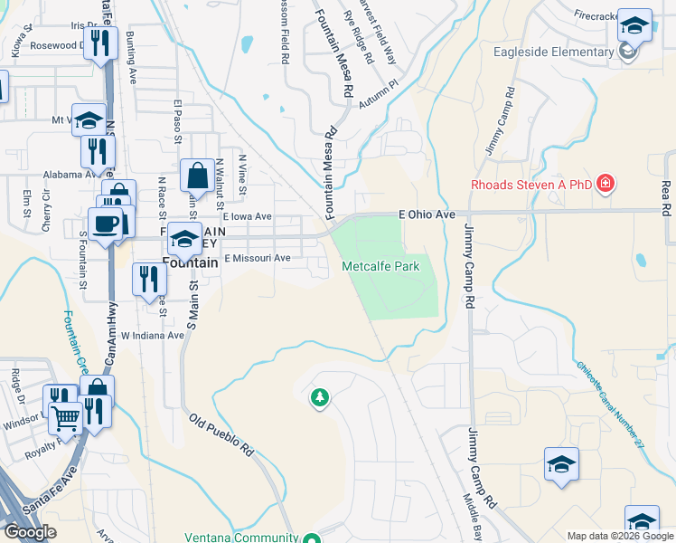 map of restaurants, bars, coffee shops, grocery stores, and more near 524 East Missouri Avenue in Fountain