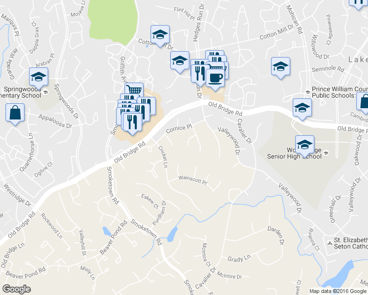 map of restaurants, bars, coffee shops, grocery stores, and more near 3470 Grambell Ct in Woodbridge