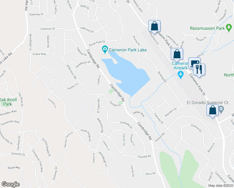map of restaurants, bars, coffee shops, grocery stores, and more near 3104 Cambridge Road in Cameron Park