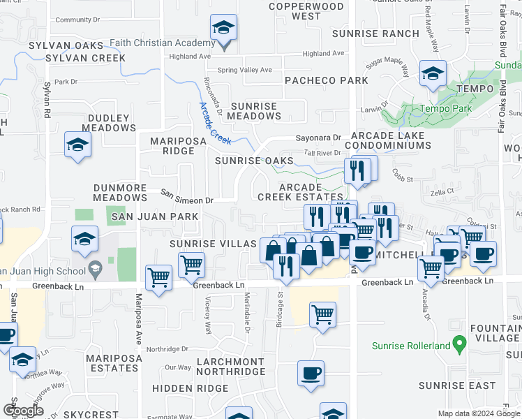 map of restaurants, bars, coffee shops, grocery stores, and more near 6371 Nightingale Court in Citrus Heights