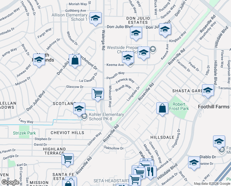 map of restaurants, bars, coffee shops, grocery stores, and more near 4412 Brandt Way in North Highlands
