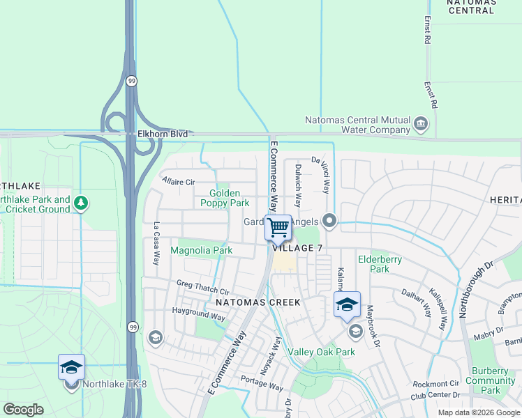 map of restaurants, bars, coffee shops, grocery stores, and more near 5763 Van Eyck Way in Sacramento