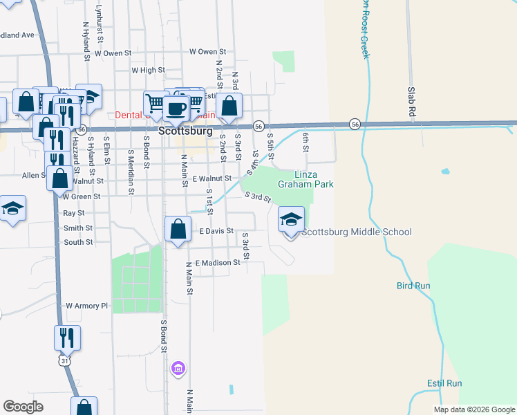 map of restaurants, bars, coffee shops, grocery stores, and more near 262 Harrison Street in Scottsburg