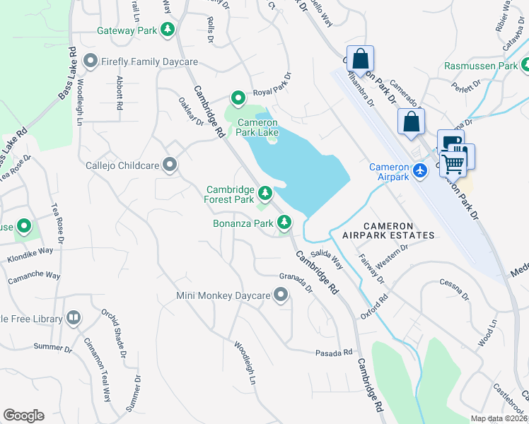 map of restaurants, bars, coffee shops, grocery stores, and more near 3104 Cambridge Road in Cameron Park