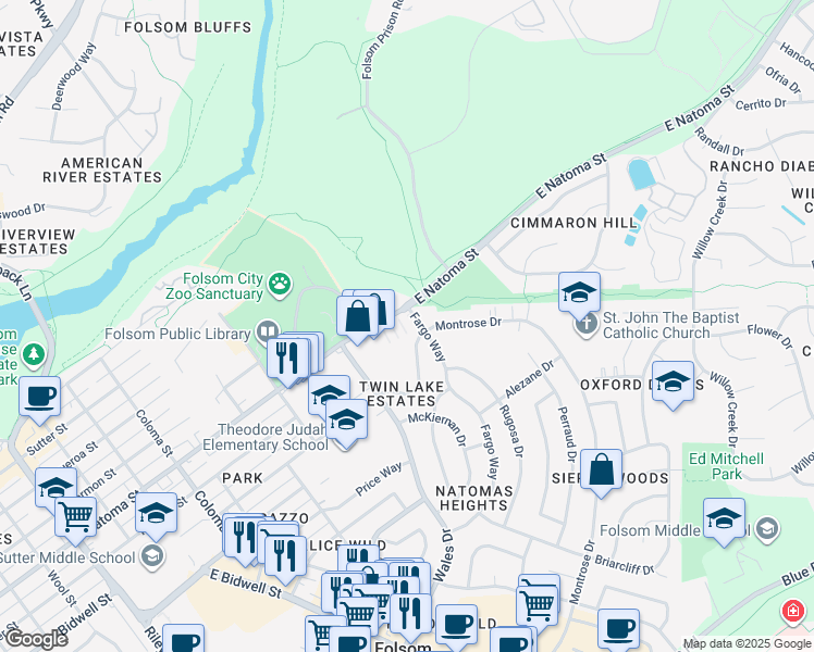 map of restaurants, bars, coffee shops, grocery stores, and more near 1 Natoma Street in Folsom