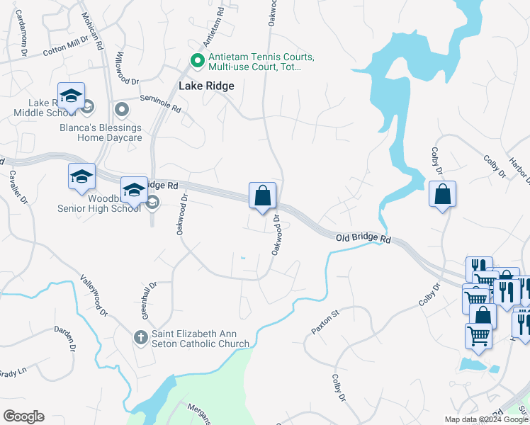 map of restaurants, bars, coffee shops, grocery stores, and more near 12532 Basque Place in Woodbridge