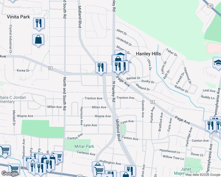 map of restaurants, bars, coffee shops, grocery stores, and more near 1560 North Hanley Road in University City
