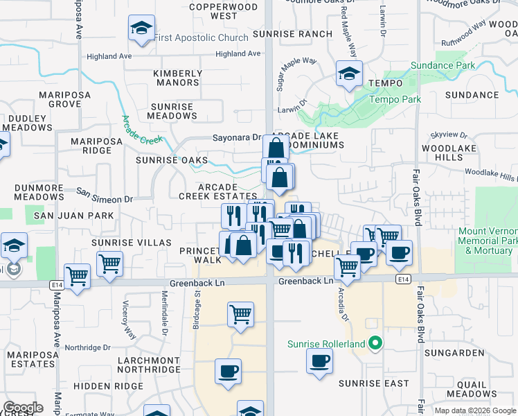 map of restaurants, bars, coffee shops, grocery stores, and more near 6387 Bonham Circle in Citrus Heights