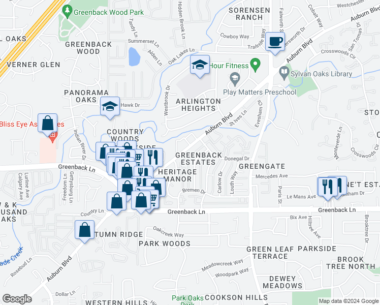 map of restaurants, bars, coffee shops, grocery stores, and more near 6430 Auburn Boulevard in Citrus Heights