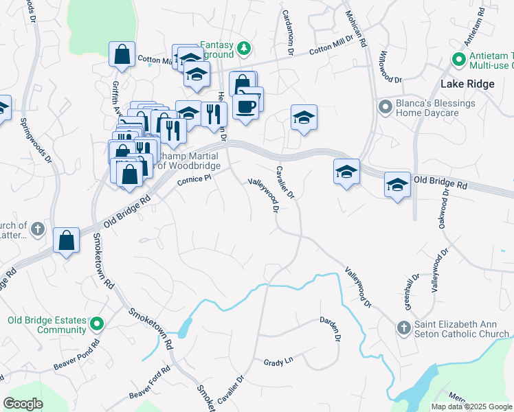 map of restaurants, bars, coffee shops, grocery stores, and more near 12517 Hedges Run Drive in Woodbridge