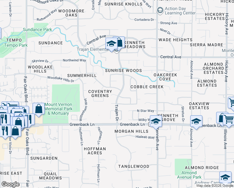 map of restaurants, bars, coffee shops, grocery stores, and more near 8321 Applewood Court in Orangevale