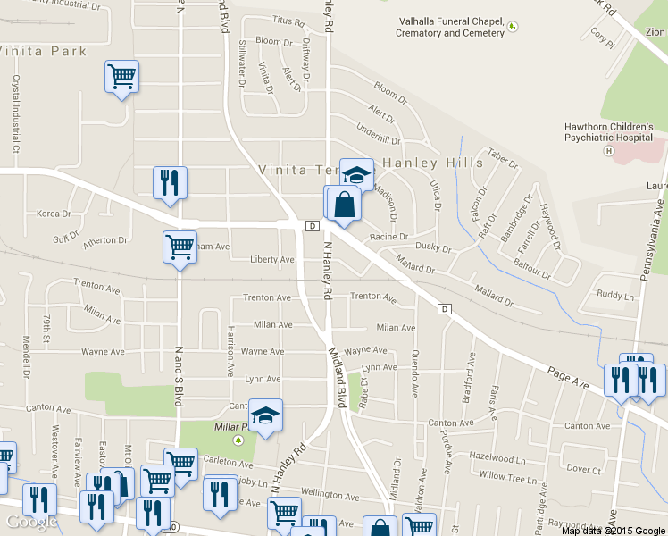 map of restaurants, bars, coffee shops, grocery stores, and more near 1560 North Hanley Road in University City