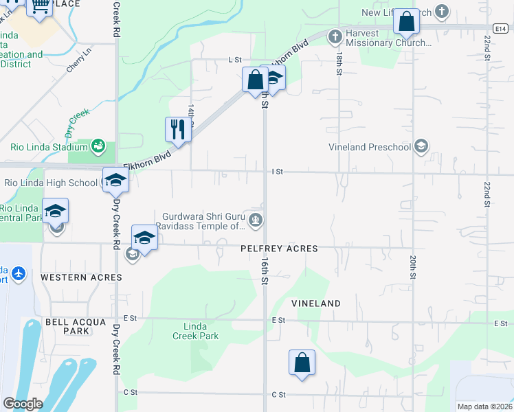 map of restaurants, bars, coffee shops, grocery stores, and more near 6305 16th Street in Rio Linda