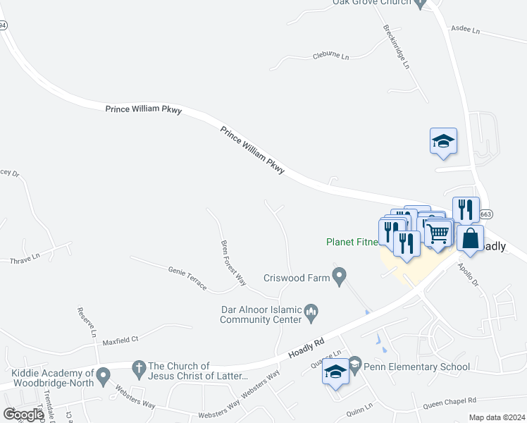 map of restaurants, bars, coffee shops, grocery stores, and more near 12778 Lost Creek Court in Manassas