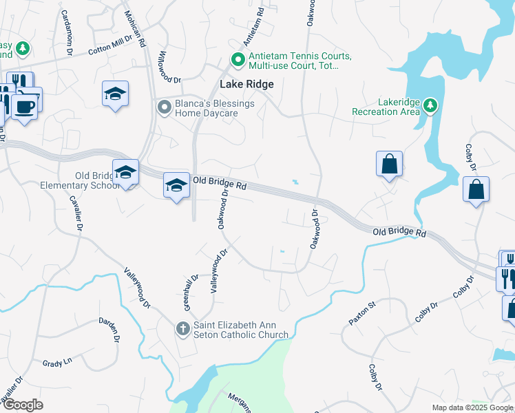 map of restaurants, bars, coffee shops, grocery stores, and more near 2881 Cedar Crest Court in Woodbridge
