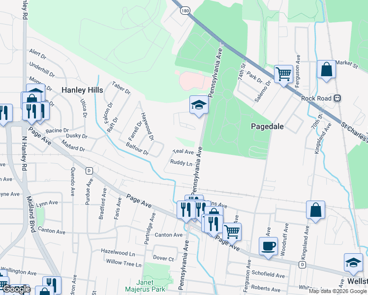 map of restaurants, bars, coffee shops, grocery stores, and more near 7227 Teal Avenue in St. Louis