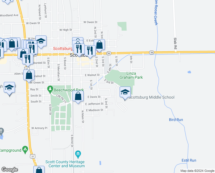 map of restaurants, bars, coffee shops, grocery stores, and more near 250 Harrison Street in Scottsburg