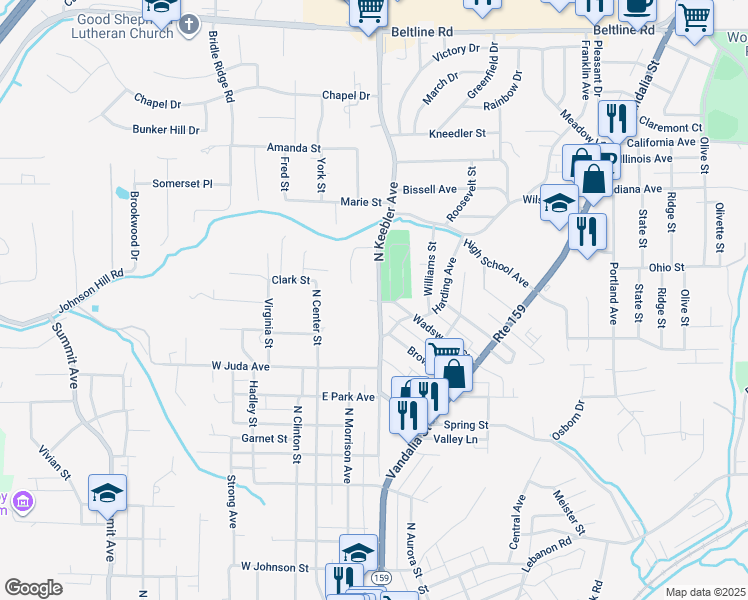 map of restaurants, bars, coffee shops, grocery stores, and more near 1000 North Keebler Avenue in Collinsville