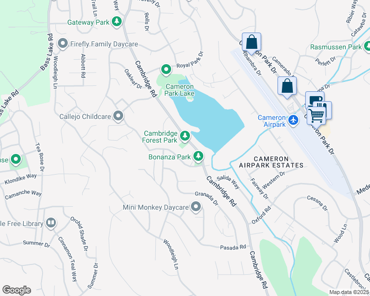 map of restaurants, bars, coffee shops, grocery stores, and more near 3104 Cambridge Road in Cameron Park