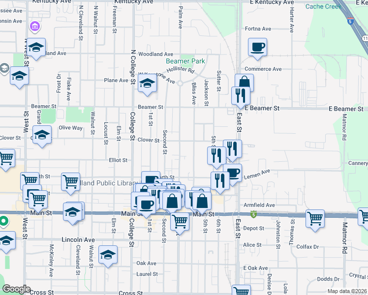 map of restaurants, bars, coffee shops, grocery stores, and more near 109 3rd Street in Woodland