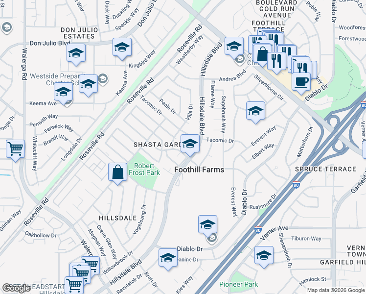 map of restaurants, bars, coffee shops, grocery stores, and more near 6306 Brigadoon Way in Sacramento