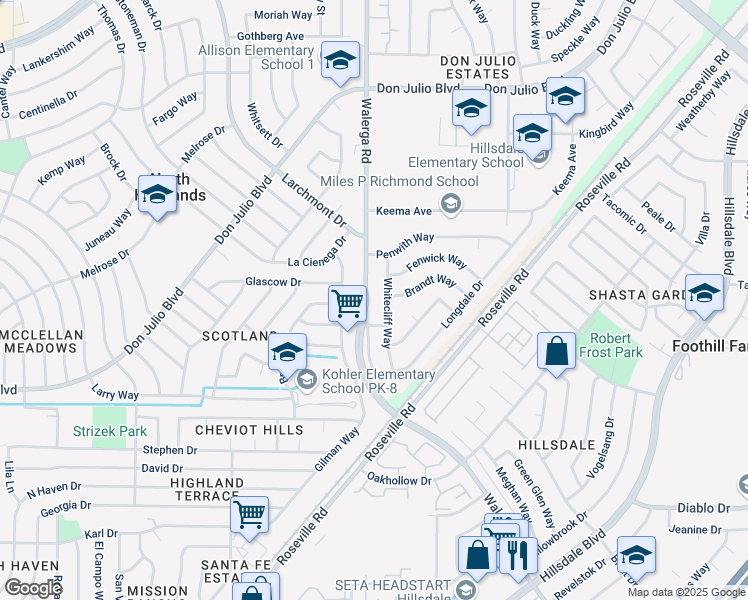 map of restaurants, bars, coffee shops, grocery stores, and more near 6316 Walerga Road in North Highlands