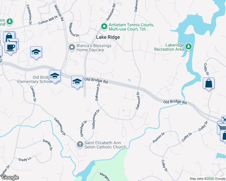 map of restaurants, bars, coffee shops, grocery stores, and more near 2881 Cedar Crest Court in Woodbridge