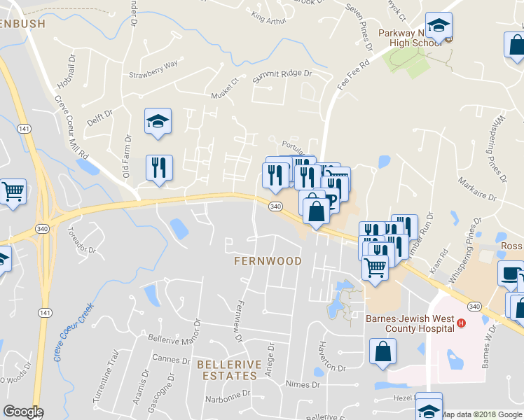 map of restaurants, bars, coffee shops, grocery stores, and more near 12962 Olive Boulevard in St. Louis