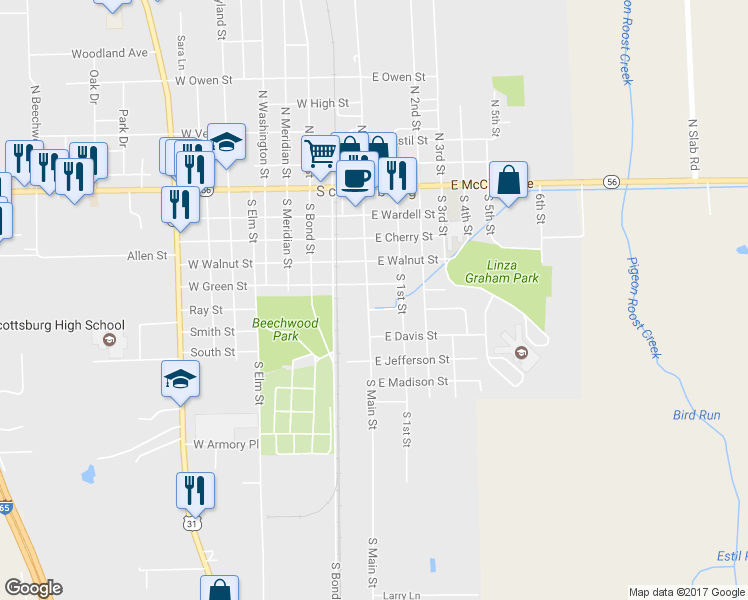 map of restaurants, bars, coffee shops, grocery stores, and more near 465 South Main Street in Scottsburg