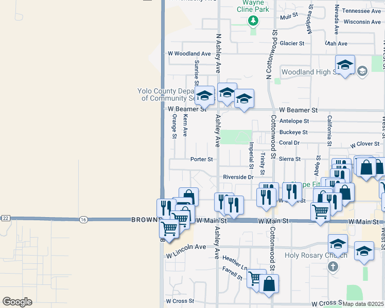 map of restaurants, bars, coffee shops, grocery stores, and more near 124 Marin Place in Woodland