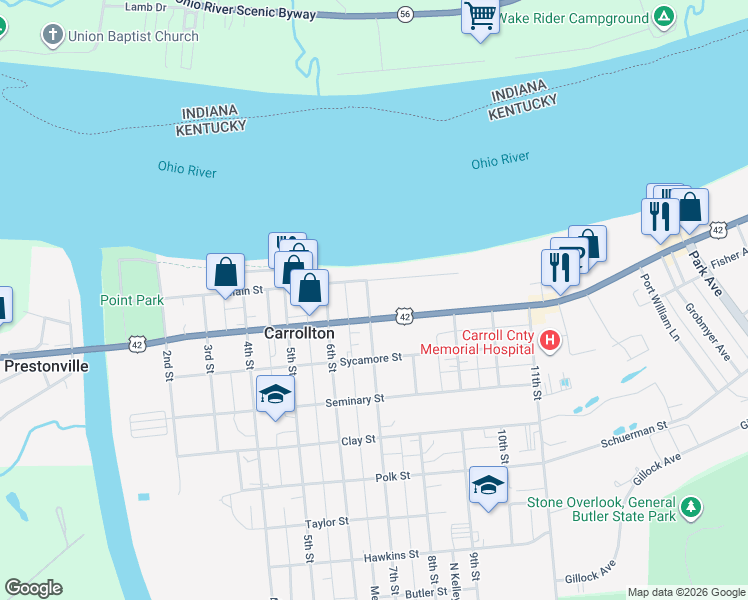 map of restaurants, bars, coffee shops, grocery stores, and more near 101-199 7th St in Carrollton