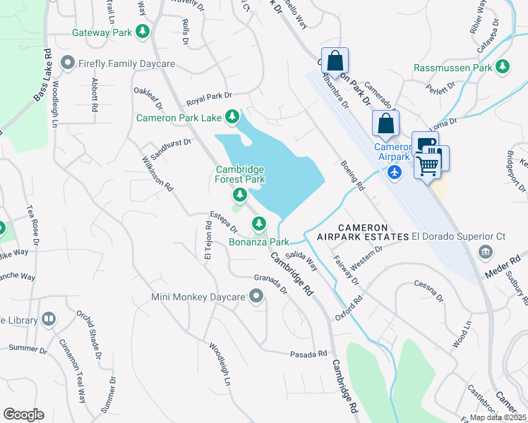 map of restaurants, bars, coffee shops, grocery stores, and more near 3119 Cambridge Road in Cameron Park