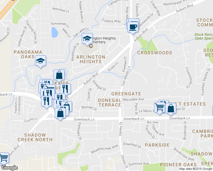 map of restaurants, bars, coffee shops, grocery stores, and more near 6310 Wexford Circle in Citrus Heights