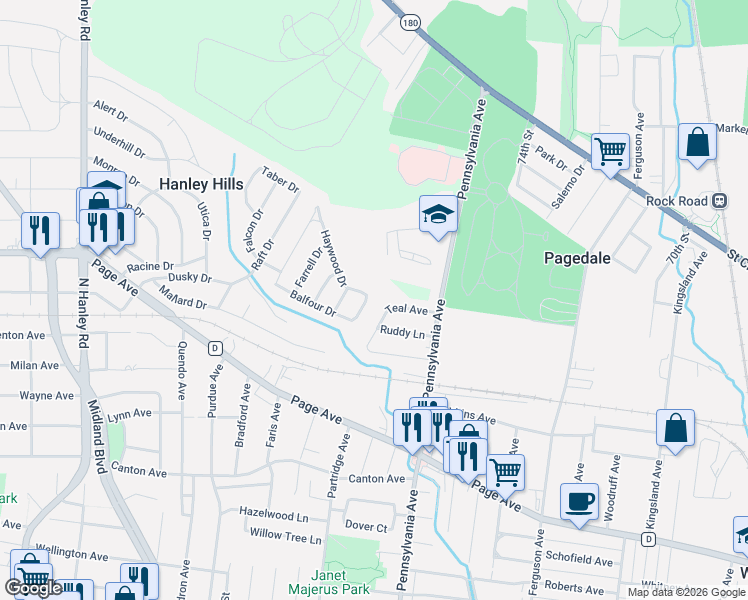 map of restaurants, bars, coffee shops, grocery stores, and more near 1938 Larch Drive in St. Louis