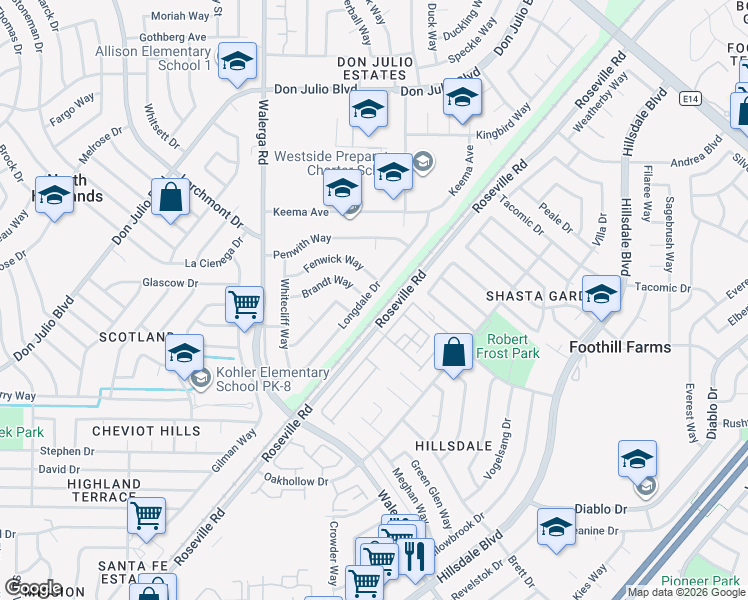 map of restaurants, bars, coffee shops, grocery stores, and more near 6340 Longdale Drive in North Highlands