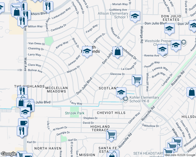 map of restaurants, bars, coffee shops, grocery stores, and more near 6220 Dewar Way in North Highlands