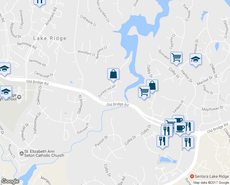 map of restaurants, bars, coffee shops, grocery stores, and more near 2553 Fox Ridge Court in Woodbridge