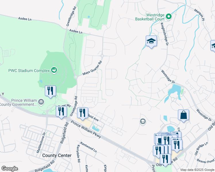 map of restaurants, bars, coffee shops, grocery stores, and more near 12441 Southington Drive in Woodbridge