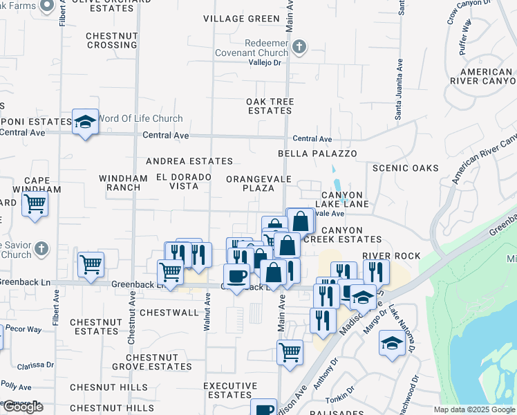 map of restaurants, bars, coffee shops, grocery stores, and more near 9337 Orangevale Avenue in Orangevale