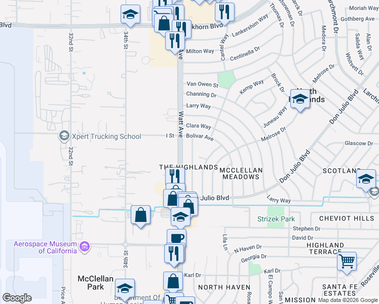 map of restaurants, bars, coffee shops, grocery stores, and more near 6320 Morazan Street in North Highlands