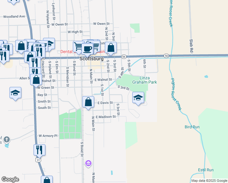 map of restaurants, bars, coffee shops, grocery stores, and more near 230 Harrison Street in Scottsburg