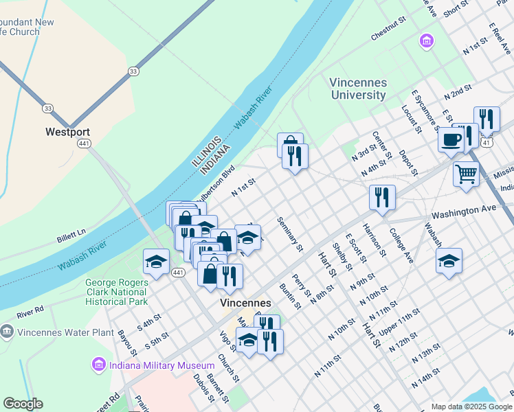 map of restaurants, bars, coffee shops, grocery stores, and more near 415 North 2nd Street in Vincennes
