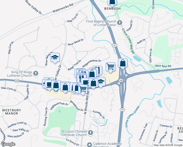 map of restaurants, bars, coffee shops, grocery stores, and more near 13509 Coliseum Drive in Chesterfield
