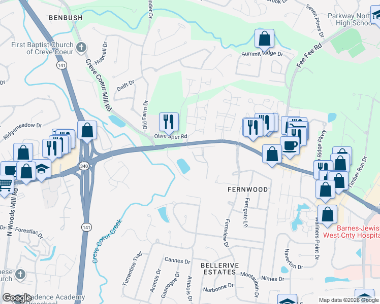 map of restaurants, bars, coffee shops, grocery stores, and more near 13115 Mill Crossing Court in Creve Coeur