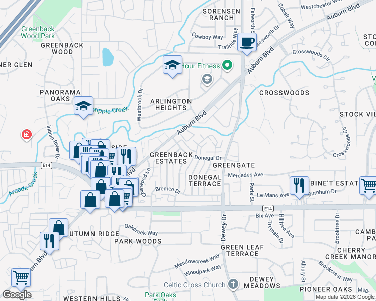 map of restaurants, bars, coffee shops, grocery stores, and more near 6446 Donegal Drive in Citrus Heights